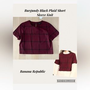 NEW Banana Republic Women's Burgundy Black Plaid Short Sleeve Knit Tee